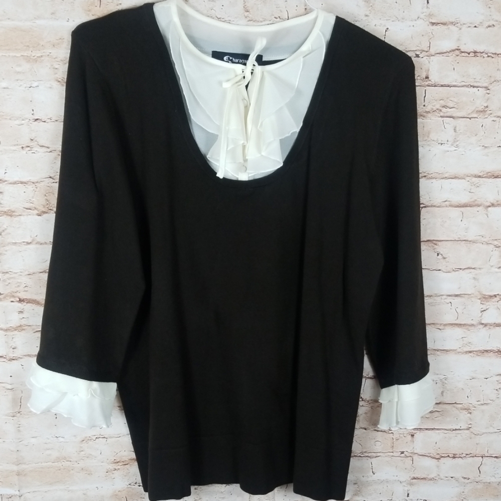 Sharagano Black 3/4 Sleeve white ruffle XL